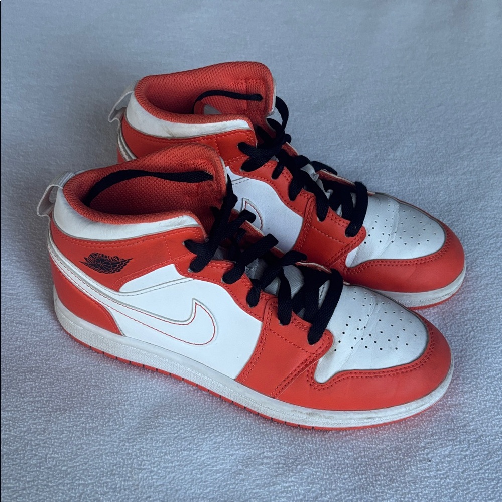 Kids 3Y size, Nike Jordan 1s, Orange and White Mid-Top Sneakers